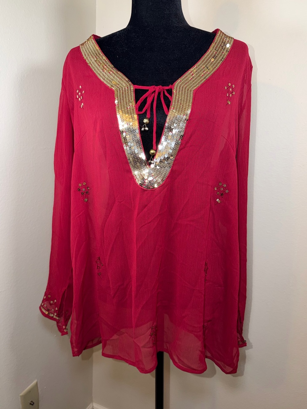 Vintage Y2K Only Nine Red Sheer Beaded Sequins Sparkly Bell Sleeve Whimsy Top